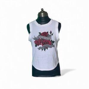 White Sleeveless Top with Red Rose Design